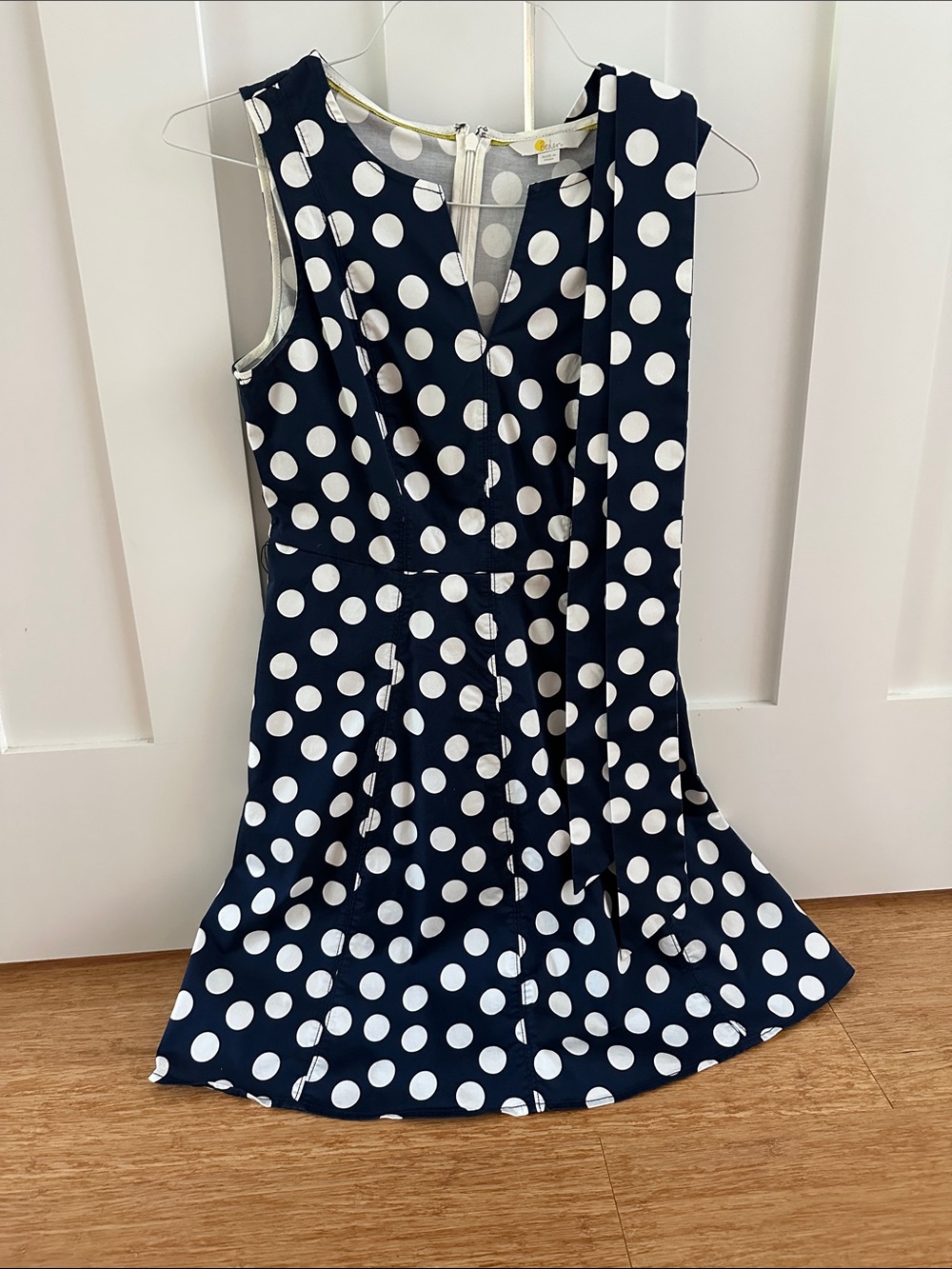 Boden Sleeveless Navy and White Polka Dot Dress with sash